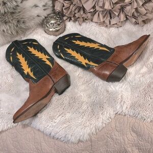 Code West Tan Forest Green Yellow Leather Western Woman’s Cowboy Boots Sz 6